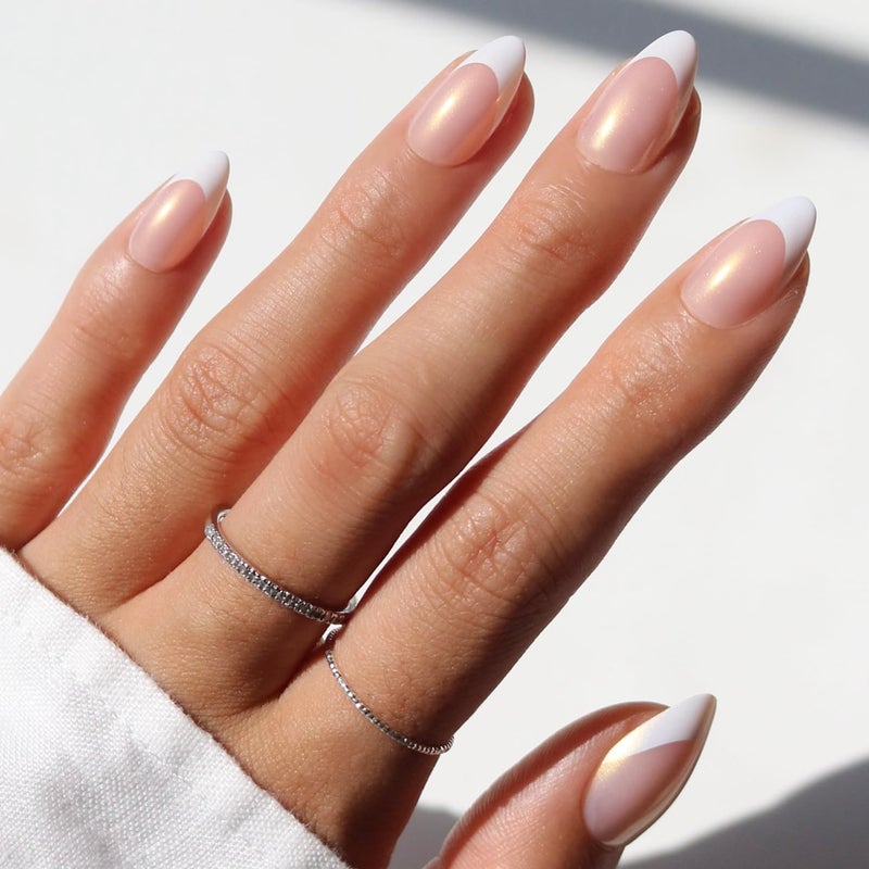 Glamnetic x GLAMZILLA Press On Nails - GIVE 'EM GRACE | Short Almond Fake French Tip Nails with Gold Glaze, Salon Quality, Everyday| 15 Sizes - 30 Nail Kit with Glue - Image 1