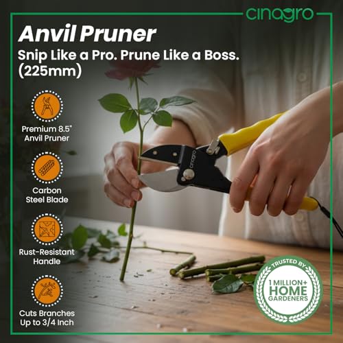 Cinagro 8.5 Inch Anvil Pruner, Ultra Sharp Hardened Steel Blade, Cuts Up to 3/4 Inch Branches, Garden Hoses or PVC Pipes, Full Metal Body, Anti-Slip Ergonomic Grip, Single-Hand Lever Operation - Image 2