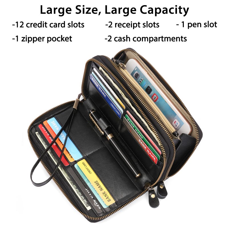 SENDEFN Leather Women Wallet RFID Blocking Zipper Around Phone Holder Clutch Wristlet Large Capacity - Image 2