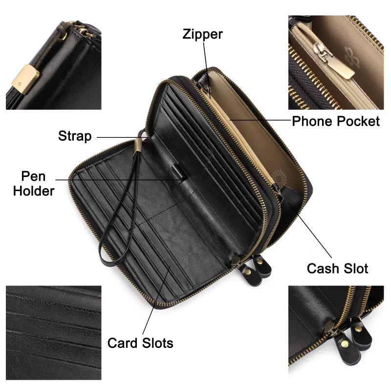 SENDEFN Leather Women Wallet RFID Blocking Zipper Around Phone Holder Clutch Wristlet Large Capacity - Image 3