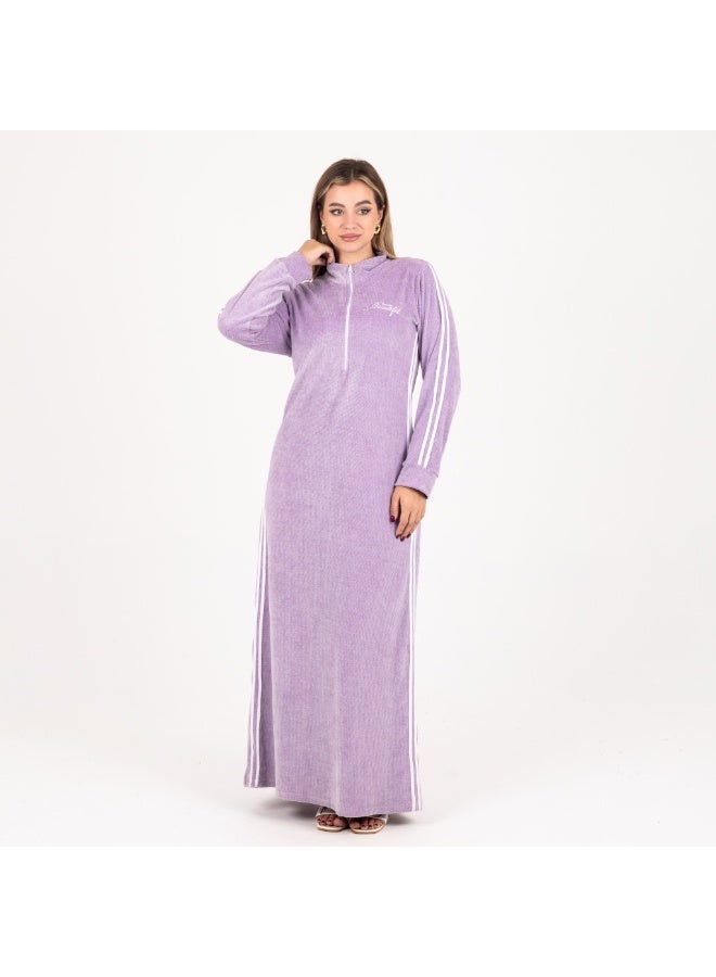 zecotex  Sporty Velour Winter Galabeya - Lavender/Purple with Tracksuit Stripes - Image 3