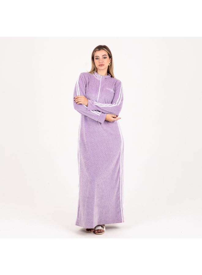zecotex  Sporty Velour Winter Galabeya - Lavender/Purple with Tracksuit Stripes - Image 4