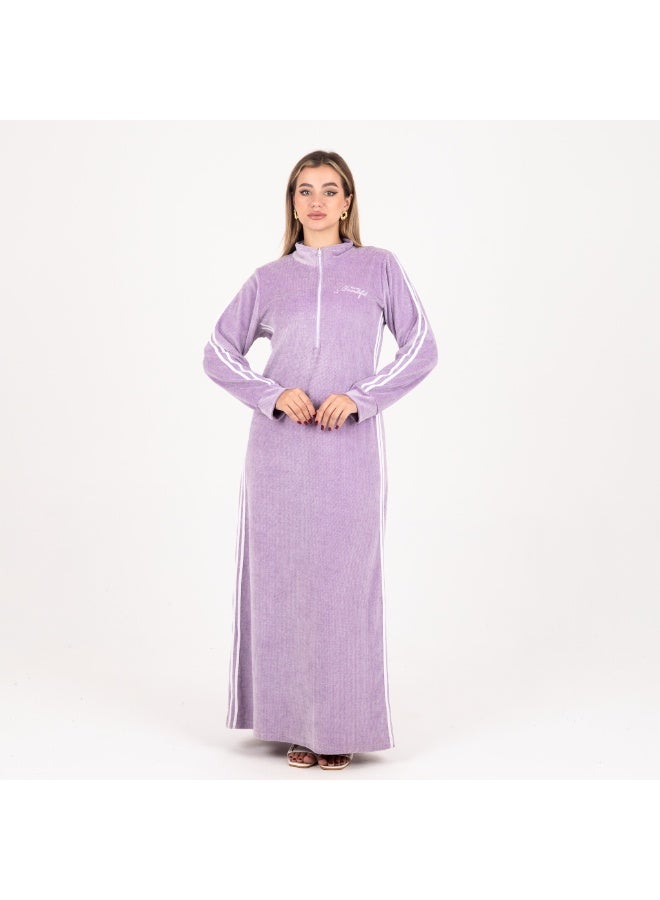 zecotex  Sporty Velour Winter Galabeya - Lavender/Purple with Tracksuit Stripes - Image 2