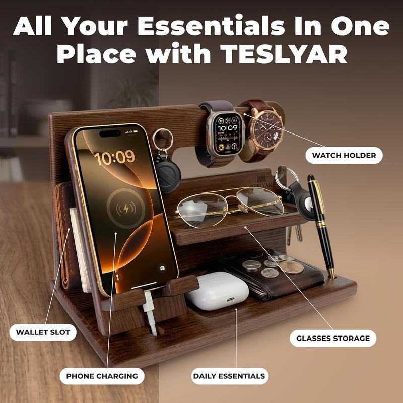 TESLYAR Wood Phone Docking Station for Men - Desk or Nightstand Organizer - Birthday Gifts for Husband, Dad - Anniversary Idea from Wife - Key Holder, Stand Wallet, Watch & Essentials (Bourbon Brown) - Image 5