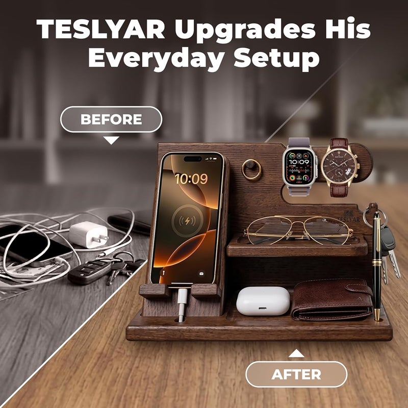 TESLYAR Wood Phone Docking Station for Men - Desk or Nightstand Organizer - Birthday Gifts for Husband, Dad - Anniversary Idea from Wife - Key Holder, Stand Wallet, Watch & Essentials (Bourbon Brown) - Image 4
