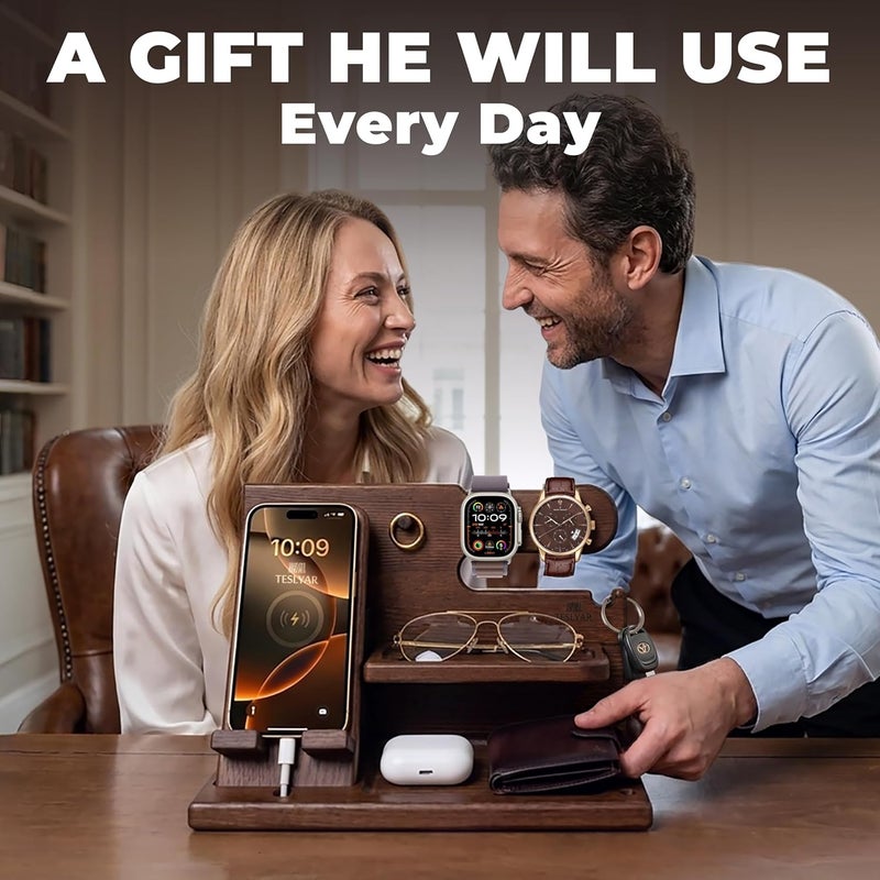 TESLYAR Wood Phone Docking Station for Men - Desk or Nightstand Organizer - Birthday Gifts for Husband, Dad - Anniversary Idea from Wife - Key Holder, Stand Wallet, Watch & Essentials (Bourbon Brown) - Image 3