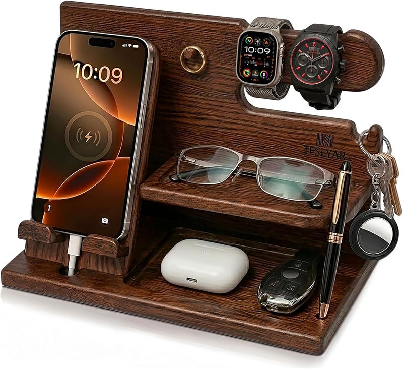 TESLYAR Wood Phone Docking Station for Men - Desk or Nightstand Organizer - Birthday Gifts for Husband, Dad - Anniversary Idea from Wife - Key Holder, Stand Wallet, Watch & Essentials (Bourbon Brown) - Image 1