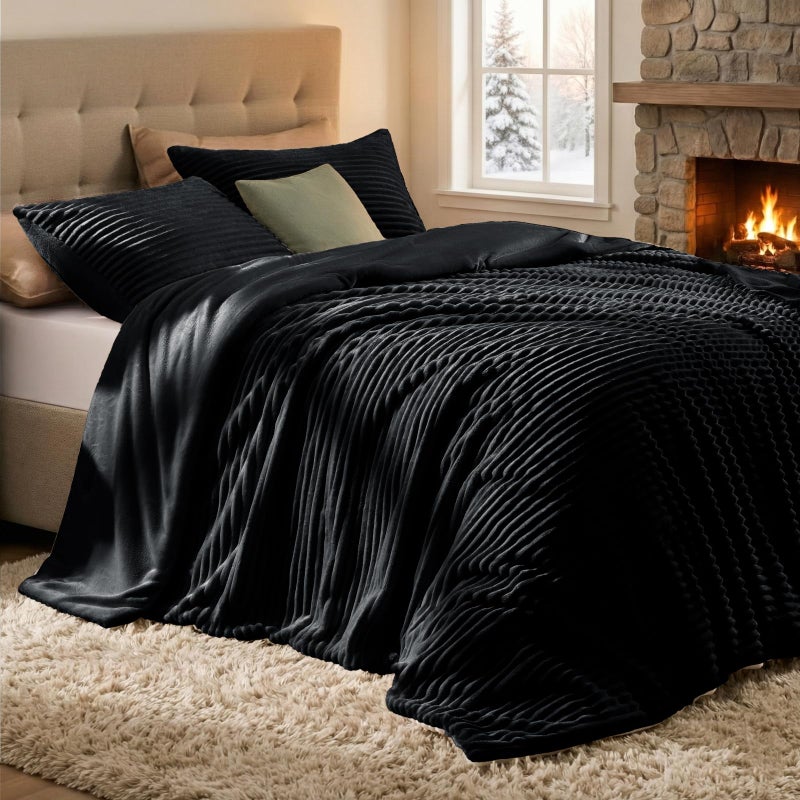 Quataly Fluffy King Comforter Set 3 Pieces - Soft & Fuzzy Black Comforters King Size for Winter Fleece Bedding Set,1 Luxury Down Alternative Comforter with 2 Pillow Shams - Image 1