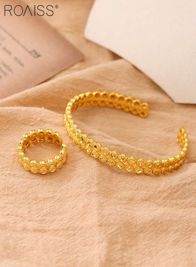 رويس طقم مكون من قطعتين من الخواتم والأساور بنمط شبكي مزدوج الطبقات، يتميز بتصميم أنيق وكلاسيكي وعصري، بتصميم دائري مفتوح للنساء. - Image 4