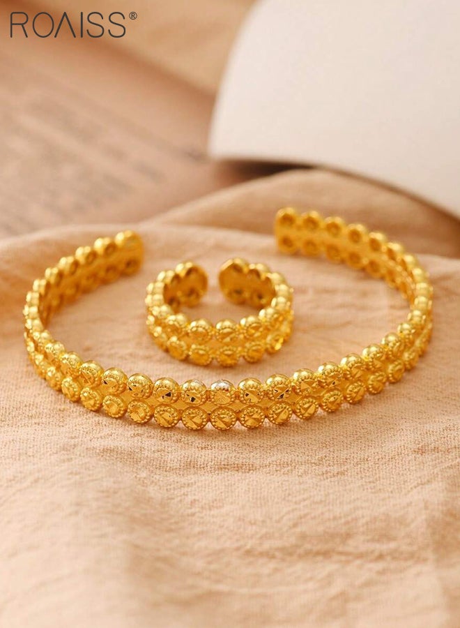 رويس طقم مكون من قطعتين من الخواتم والأساور بنمط شبكي مزدوج الطبقات، يتميز بتصميم أنيق وكلاسيكي وعصري، بتصميم دائري مفتوح للنساء. - Image 5