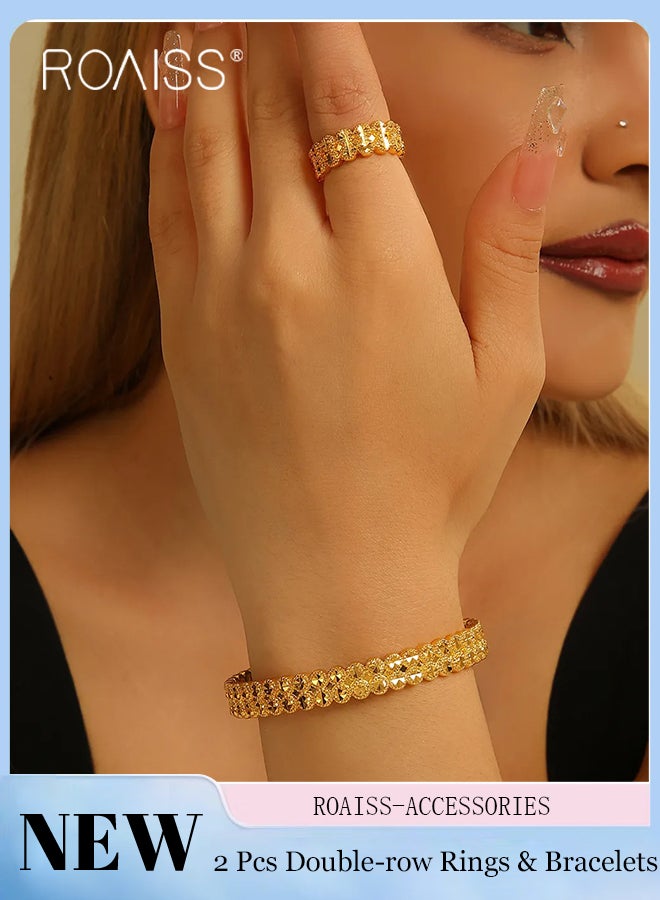 رويس طقم مكون من قطعتين من الخواتم والأساور بنمط شبكي مزدوج الطبقات، يتميز بتصميم أنيق وكلاسيكي وعصري، بتصميم دائري مفتوح للنساء. - Image 1