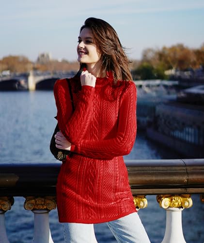 v28 Women Polo Neck Turtleneck Knit Stretchable Elasticity Long Slim Sweater (L,Red) - Image 5