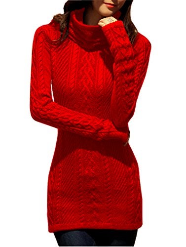 v28 Women Polo Neck Turtleneck Knit Stretchable Elasticity Long Slim Sweater (L,Red) - Image 3