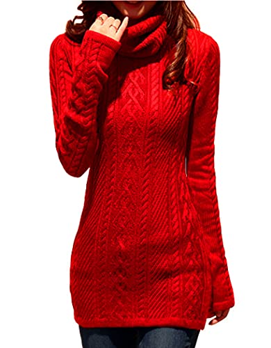 v28 Women Polo Neck Turtleneck Knit Stretchable Elasticity Long Slim Sweater (L,Red) - Image 2