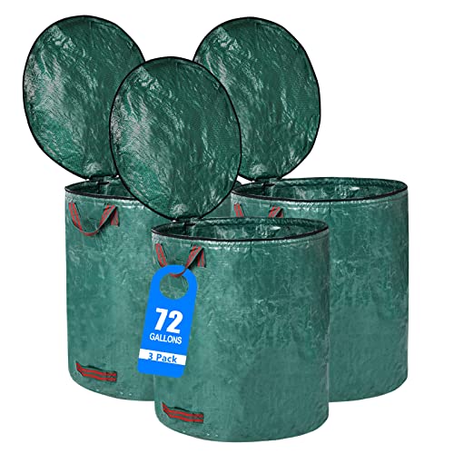 Pilntons 3 Pack 72 Gallons Reusable Yard Waste Bags with Lid Extra Large Lawn Leaf Bags Heavy Duty with 4 Handles Garden Waste Bags Container for Clean Up Outdoor Debris Leaves Grass Clippings - Image 1