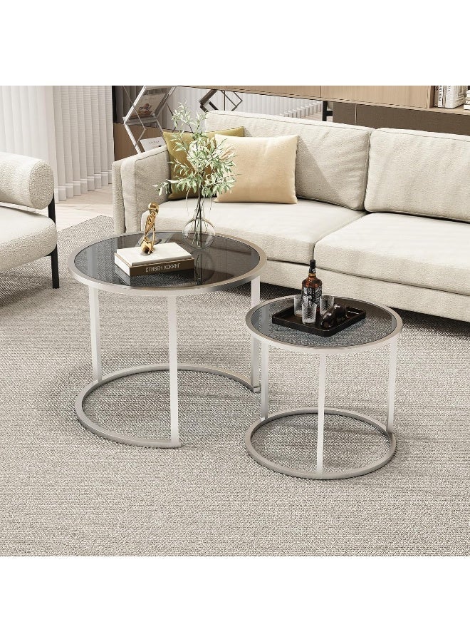 Hometaste Contemporary Elegance: 2-Piece Nesting Coffee Table Set - Sleek Tempered Glass Versatile Metal Frame - Ideal For Living Room Office And Home Decor Silver