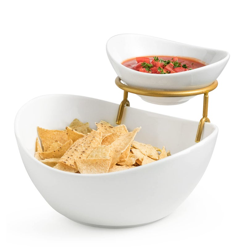 Miamolo Porcelain Serving Bowl Set for Appetizer Serving Dishes Set with 2 Compartment Chip and Dip Taco Rack Display Salad Bar Serving Set Gold Stand