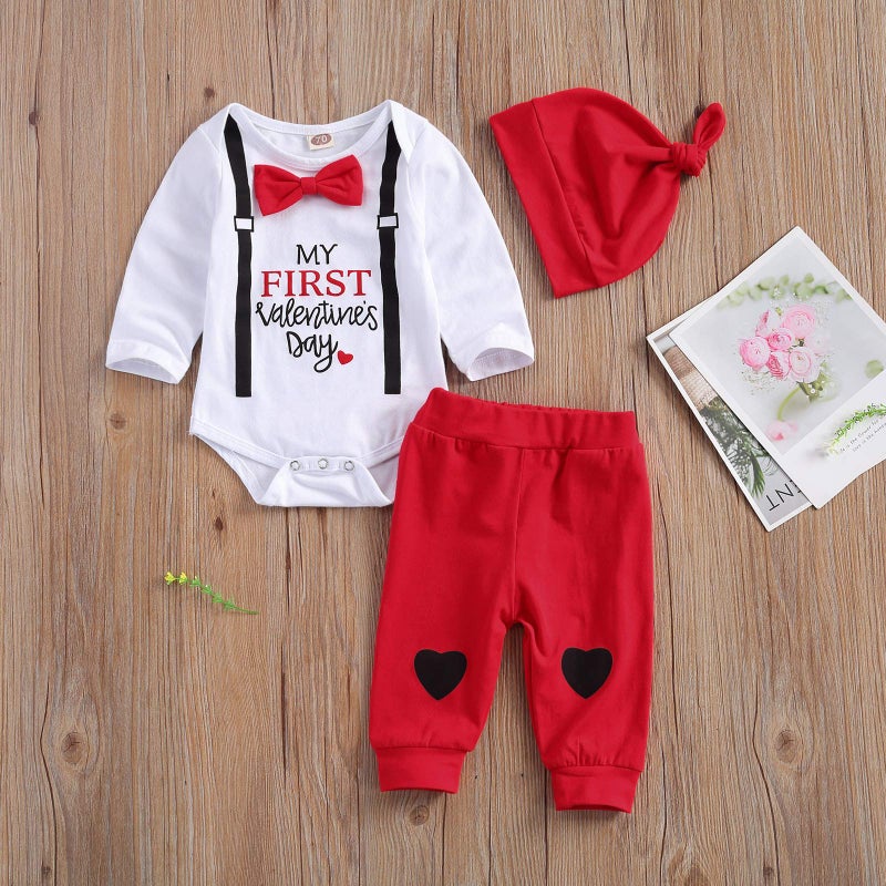 Gureui My First Valentines Baby Boy Outfit Newborn Long Sleeve Romper Onesie Heart Print Pants Hat Toddler Infant Clothes (A White My First Valentine, 0-3 Months) - Image 3