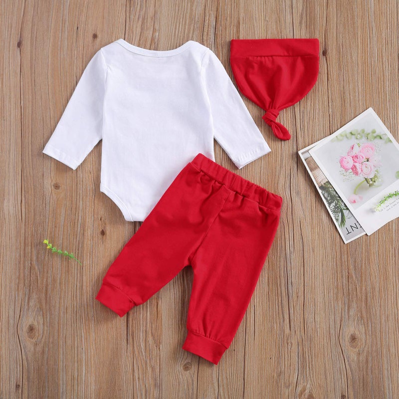 Gureui My First Valentines Baby Boy Outfit Newborn Long Sleeve Romper Onesie Heart Print Pants Hat Toddler Infant Clothes (A White My First Valentine, 0-3 Months) - Image 4