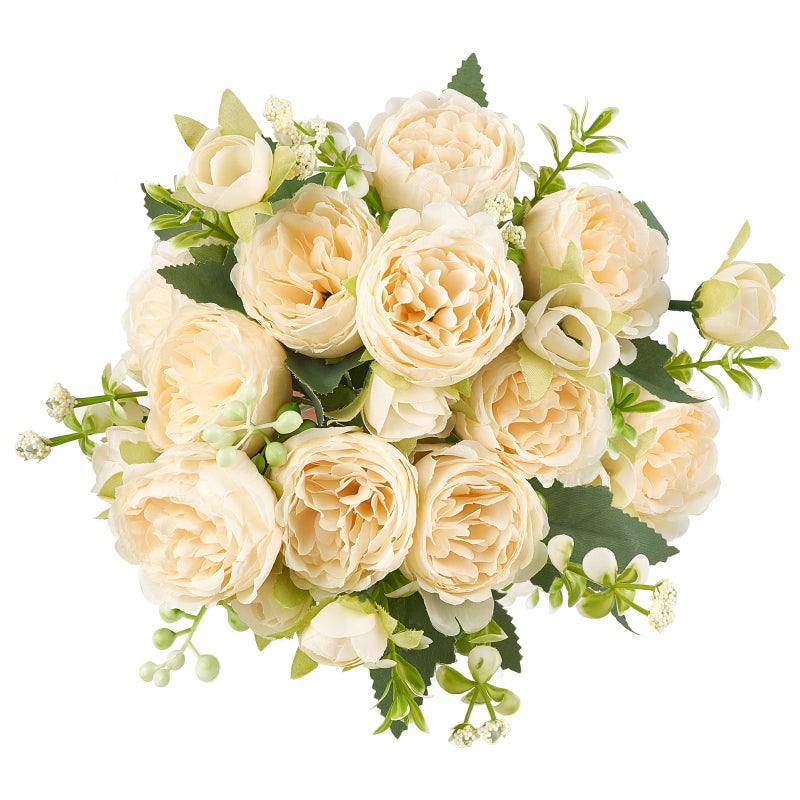Mkono Peonies Artificial Flowers Small Silk Flowers for Home Decor Indoor Fake Bouquet Faux Floral Arrangements Dining Table Centerpieces for Kitchen Bridal Wedding Party Decor Champagne
