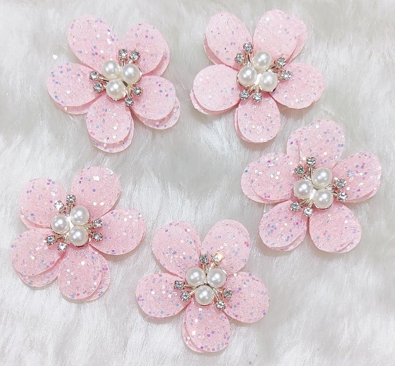 Generic Beads & Crafts: Artificial Fabric Flowers with Acrylic Pearl Brooch 4.5cm for Home Decoration, Dress, Boutique, DIY Art Craft (Pack of 4 Pcs) (Baby Pink)