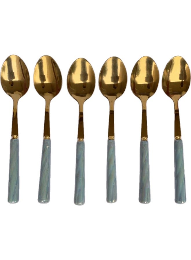 Stainless Steel Dinner Spoon Set - 6 Pieces (Blue) - Image 1