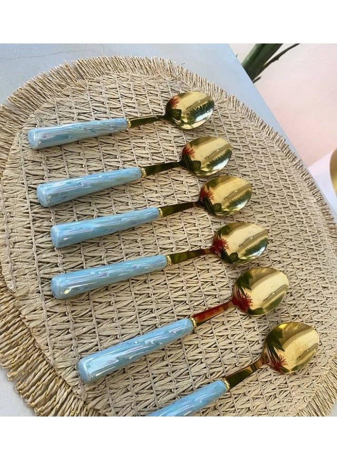Stainless Steel Dinner Spoon Set - 6 Pieces (Blue) - Image 3