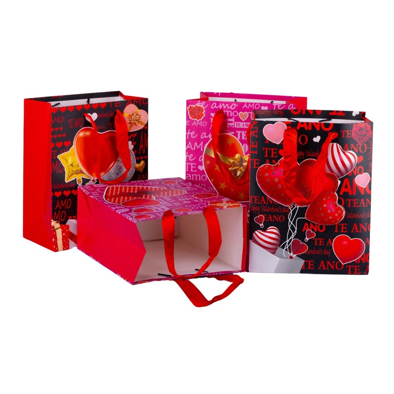 CARTEEO حقائب هدايا فاخرة من CARTEEO بمناسبة عيد الحب بتصاميم زهور ثلاثية الأبعاد - تغليف هدايا صديق للبيئة وقابل لإعادة الاستخدام لحفلات الزفاف، أعياد الميلاد، الذكرى السنوية (مجموعة من 4) - ورق سميك فاخر ومقابض أنيقة - Image 2
