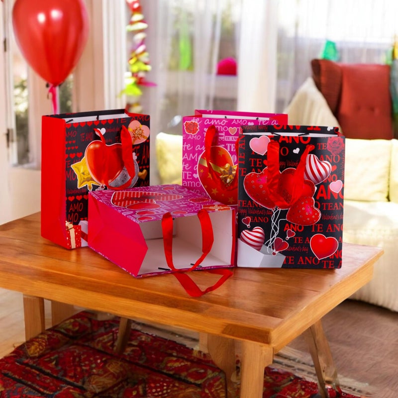 CARTEEO حقائب هدايا فاخرة من CARTEEO بمناسبة عيد الحب بتصاميم زهور ثلاثية الأبعاد - تغليف هدايا صديق للبيئة وقابل لإعادة الاستخدام لحفلات الزفاف، أعياد الميلاد، الذكرى السنوية (مجموعة من 4) - ورق سميك فاخر ومقابض أنيقة - Image 3