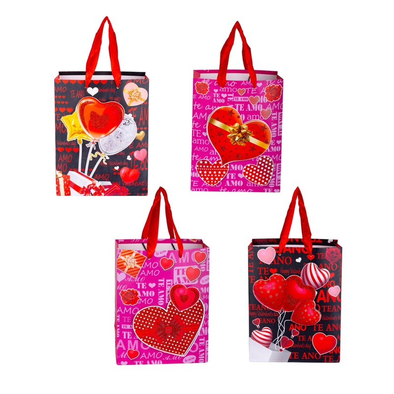 CARTEEO حقائب هدايا فاخرة من CARTEEO بمناسبة عيد الحب بتصاميم زهور ثلاثية الأبعاد - تغليف هدايا صديق للبيئة وقابل لإعادة الاستخدام لحفلات الزفاف، أعياد الميلاد، الذكرى السنوية (مجموعة من 4) - ورق سميك فاخر ومقابض أنيقة - Image 1