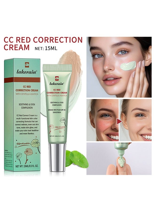 ليكرين كريم تصحيح CC Red مع Centella Asiatica - تركيبة لتصحيح اللون للعيوب والبشرة الحمراء وعلامات حب الشباب - خفيف الوزن وغير دهني - ترطيب البشرة وحماية SPF25 ، مكياج نيود # 1 (أخضر) - Image 1