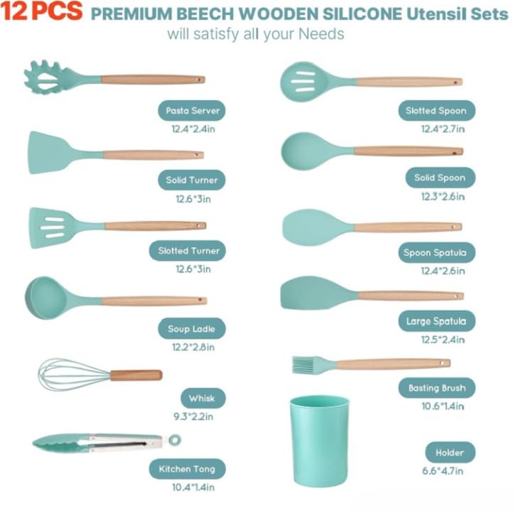 ZUNBELLA ZUNBELLA 12 Pcs Wooden Handle Silicone Nonstick Kitchenware Set With Bucket Flexible Durable Heatresistant Nontoxic BPA Free Baking Cooking Serving Kitchen Utensil Fresh GreenT83  - Image 2