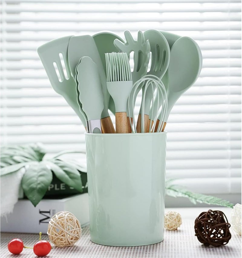 ZUNBELLA ZUNBELLA 12 Pcs Wooden Handle Silicone Nonstick Kitchenware Set With Bucket Flexible Durable Heatresistant Nontoxic BPA Free Baking Cooking Serving Kitchen Utensil Fresh GreenT83  - Image 4