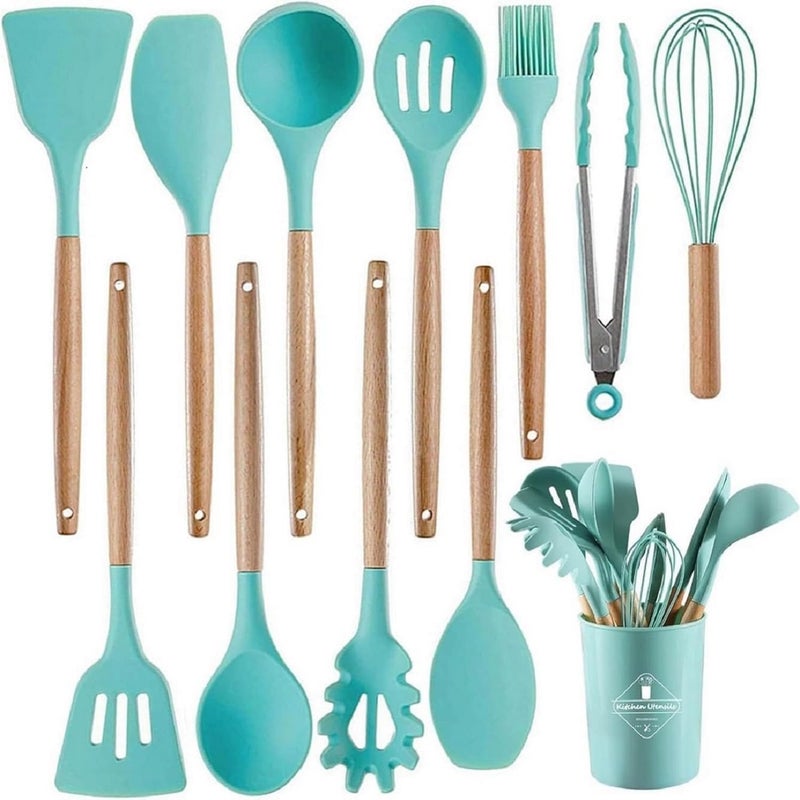 ZUNBELLA ZUNBELLA 12 Pcs Wooden Handle Silicone Nonstick Kitchenware Set With Bucket Flexible Durable Heatresistant Nontoxic BPA Free Baking Cooking Serving Kitchen Utensil Fresh GreenT83  - Image 1