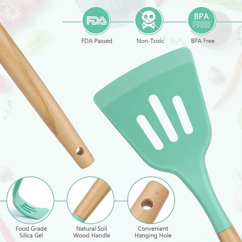 ZUNBELLA ZUNBELLA 12 Pcs Wooden Handle Silicone Nonstick Kitchenware Set With Bucket Flexible Durable Heatresistant Nontoxic BPA Free Baking Cooking Serving Kitchen Utensil Fresh GreenT83  - Image 3