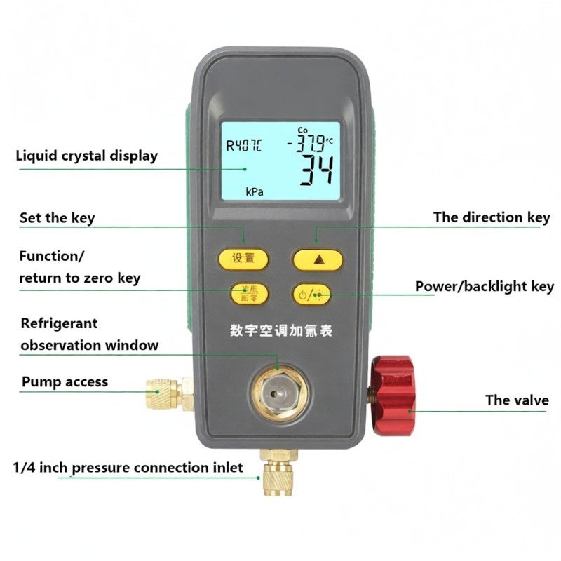 Digital Manifold Gauge: Grey Multifunctional Tester - 89 Refrigerant Database Backlit Large Screen Refrigeration Digital Manifold Gauge for HVAC Refrigeration Equipment Installation Inspection Mainten - Image 5