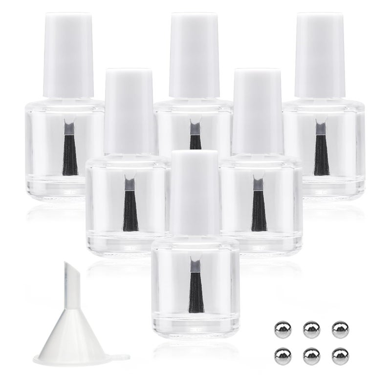 Agidea 6PCS Empty Nail Polish Bottles with Brush White Cap 10ML Empty Clear Glass Refillable Nail Fingernail Polish Bottles Circle with mixing beads Funnels 035 OZ