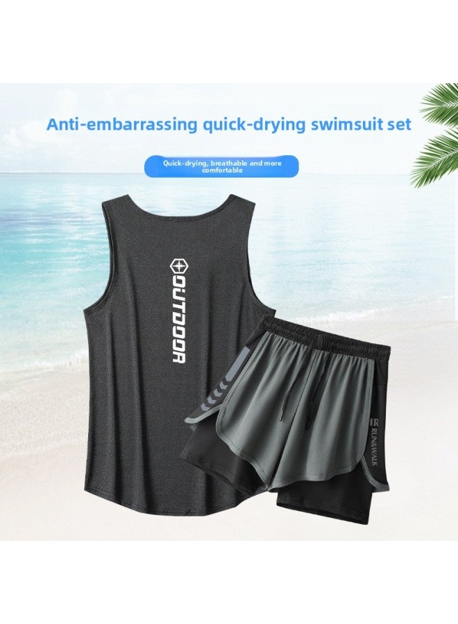Loquat Swimsuit Men's Loose Anti-embarrassment Two-piece Set Swimming Summer Quick-drying Beach Pants Ice Silk Hot Spring Swimming Trunks Equipment-Color:White +101 Black- - Image 2