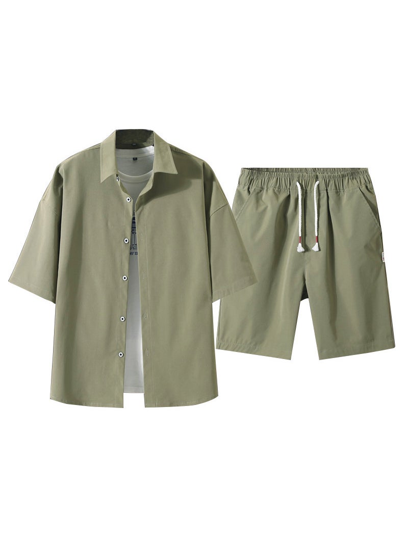 Generic - Trendy Brand Mens Summer New Arrival Short Sleeve T-shirt Shorts 2-piece Casual Suit For Students Youth Boys Pea green - Image 1