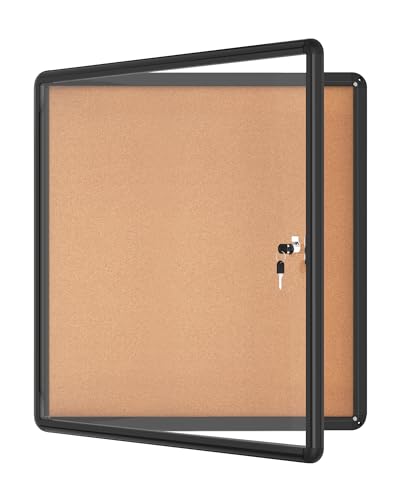 Mifuro 28"x26" Enclosed Bulletin Board, Lockable Weather-Resistant Aluminum Cork Noticeboard for School & Office, Black Frame w/Cork - Image 1