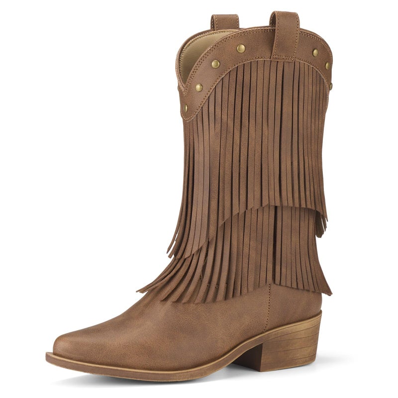 Rollda Girls Cowboy Boots with Tassel, Fringe Cowgirl Boots, Snip Toe, TPR Outsole, Kids Western Boots Stylish & Comfortable for All-Seasons, Toddler/Little Kid/Big Kid Brown Size 5 - Image 1