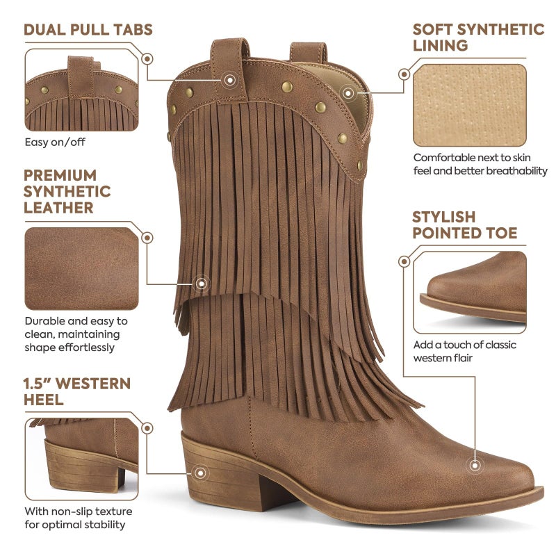 Rollda Girls Cowboy Boots with Tassel, Fringe Cowgirl Boots, Snip Toe, TPR Outsole, Kids Western Boots Stylish & Comfortable for All-Seasons, Toddler/Little Kid/Big Kid Brown Size 5 - Image 5