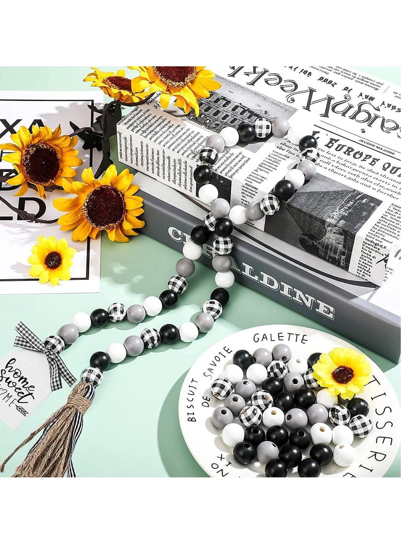 Wooden Bead   Garland 40inch Black White Plaid Wood Bead Garland with Tassel Rustic Farmhouse Tiered Tray Decorations Country Rustic Wall Hanging Decor Natural for Home - Image 3