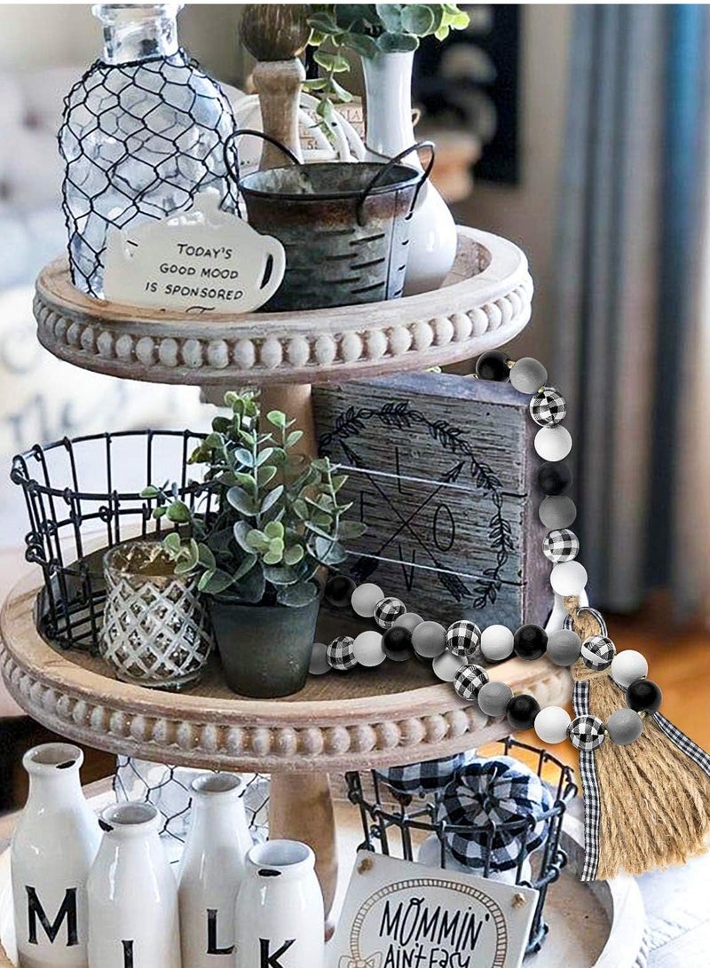 Wooden Bead   Garland 40inch Black White Plaid Wood Bead Garland with Tassel Rustic Farmhouse Tiered Tray Decorations Country Rustic Wall Hanging Decor Natural for Home - Image 4