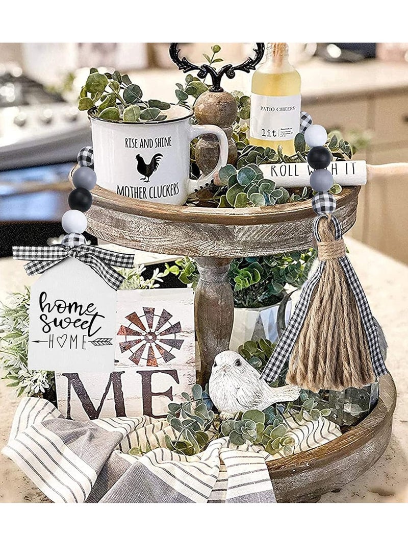 Wooden Bead   Garland 40inch Black White Plaid Wood Bead Garland with Tassel Rustic Farmhouse Tiered Tray Decorations Country Rustic Wall Hanging Decor Natural for Home - Image 2