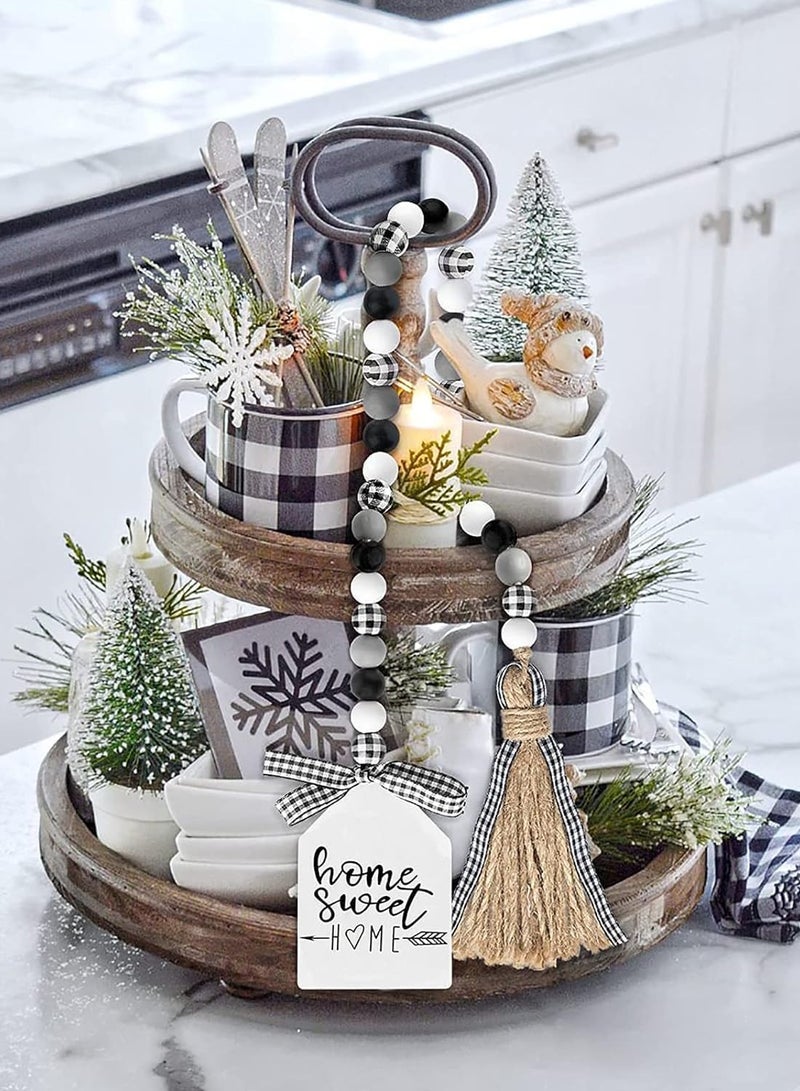 Wooden Bead   Garland 40inch Black White Plaid Wood Bead Garland with Tassel Rustic Farmhouse Tiered Tray Decorations Country Rustic Wall Hanging Decor Natural for Home - Image 5