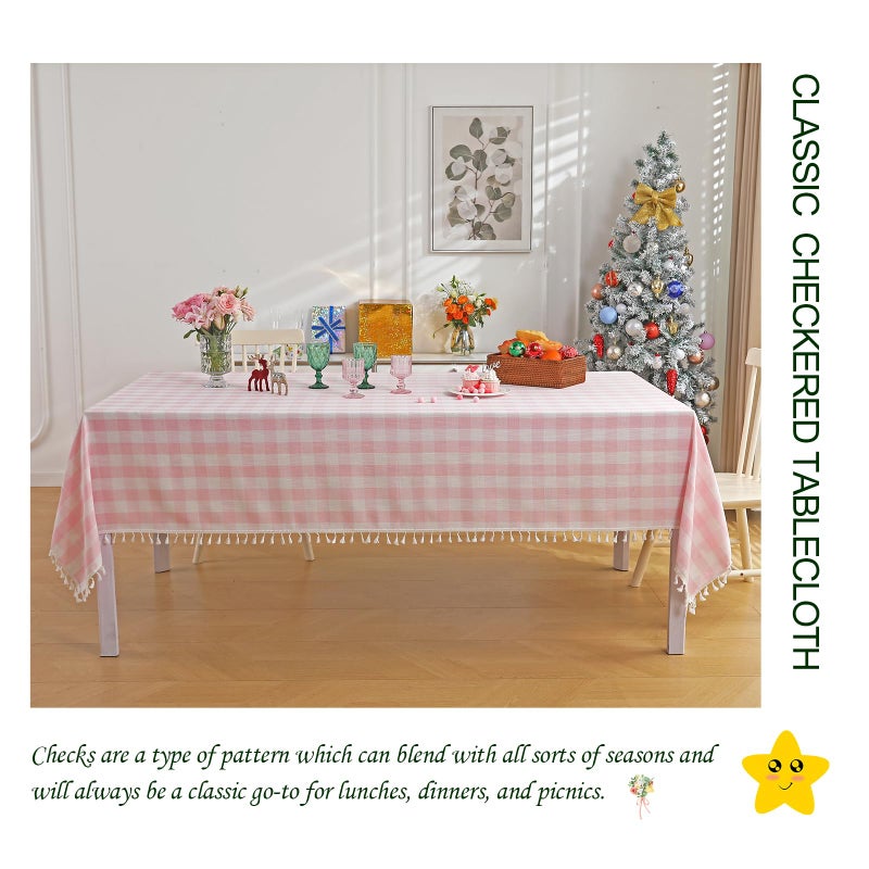 Midsummer Breeze Rectangle Table Cloth for Spring Summer Valentine's Day Easter Christmas Tablecloth-Farmhouse Cheghered Cotton Cotton Cotton (55 "" × 84 "Pink) - Image 3