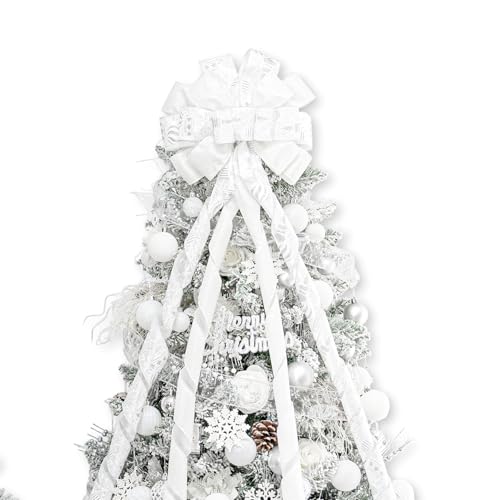 Hismir Christmas Tree Topper Bow53x13 Inches Large Christmas Bow with Glitter Streamer and Patterned RibbonDecorative Bows for Xmas Tree Wreath Door Festival Home DecorWhite - Image 1