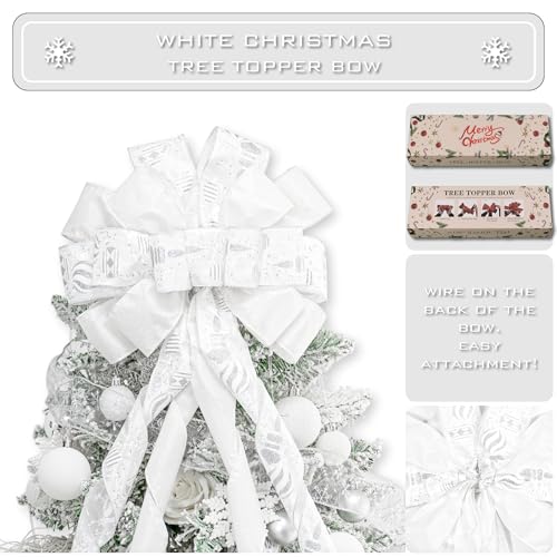 Hismir Christmas Tree Topper Bow53x13 Inches Large Christmas Bow with Glitter Streamer and Patterned RibbonDecorative Bows for Xmas Tree Wreath Door Festival Home DecorWhite - Image 3