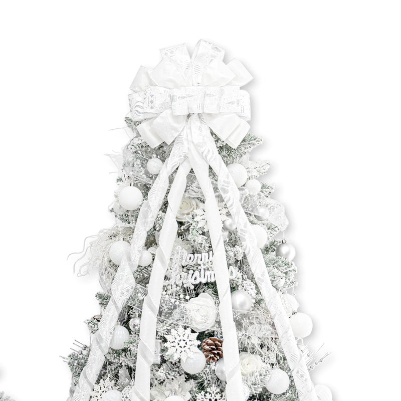 Hismir Christmas Tree Topper Bow53x13 Inches Large Christmas Bow with Glitter Streamer and Patterned RibbonDecorative Bows for Xmas Tree Wreath Door Festival Home DecorWhite - Image 2